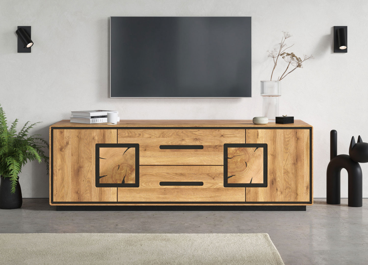 Meuble TV design 165 cm – Rangement discret et esthétique naturelle du bois