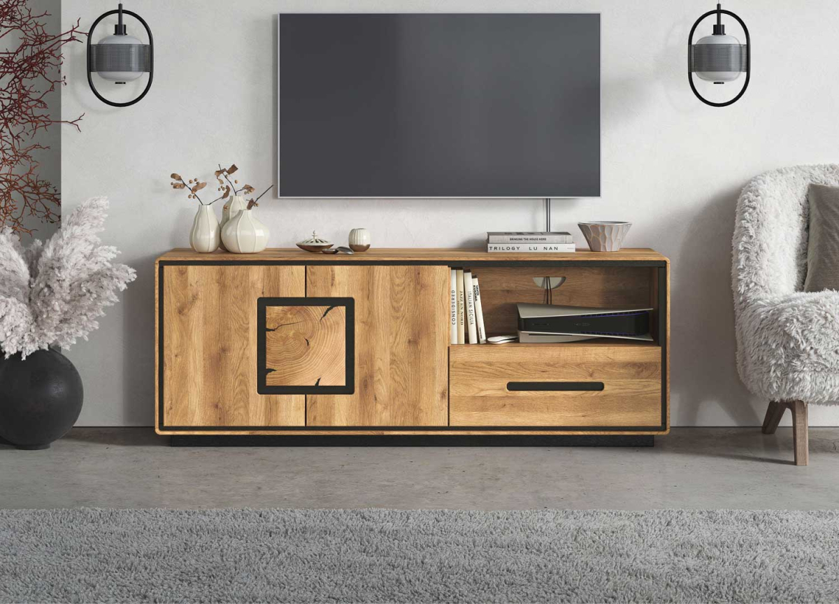 Meuble TV en chêne massif 145 cm – 2 portes, 1 tiroir, 1 niche ouverte