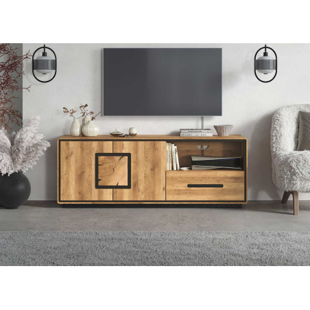 Meuble TV en chêne massif 145 cm – 2 portes, 1 tiroir, 1 niche ouverte