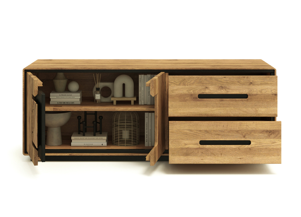 Meuble TV bois massif 145 cm avec tiroirs et portes de rangement