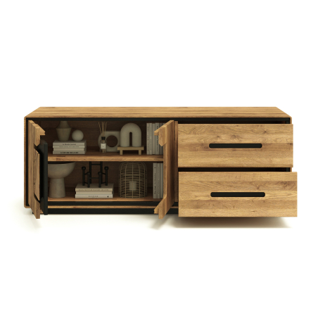 Meuble TV bois massif 145 cm avec tiroirs et portes de rangement