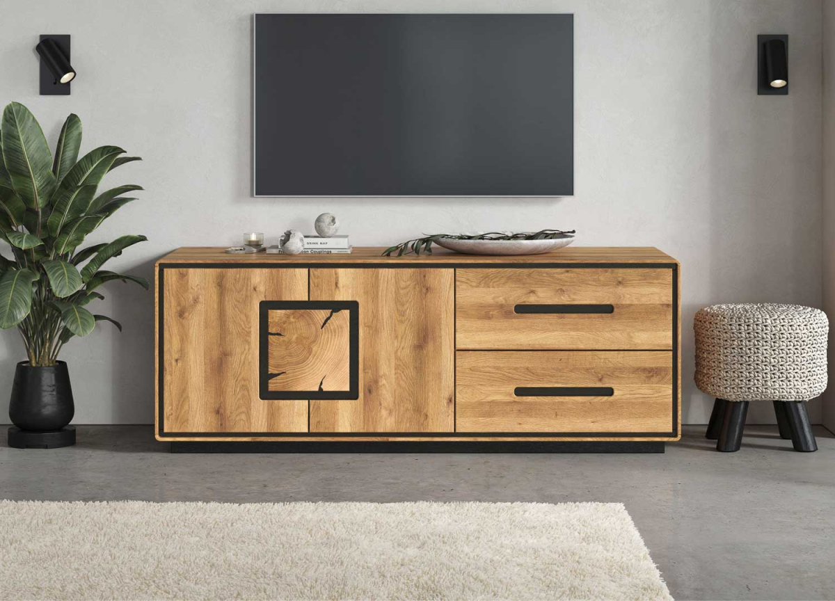 Meuble TV chêne massif – Finition brute, rangements discrets, style contemporain