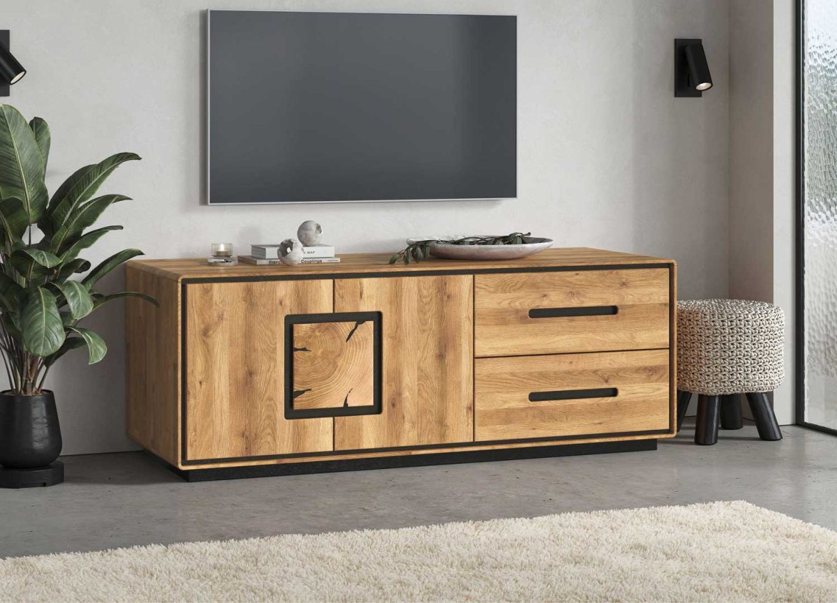 Buffet TV en bois naturel 145 cm – 2 tiroirs + 2 portes avec étagère