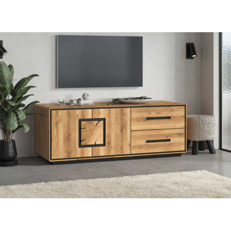 Buffet TV en bois naturel 145 cm – 2 tiroirs + 2 portes avec étagère