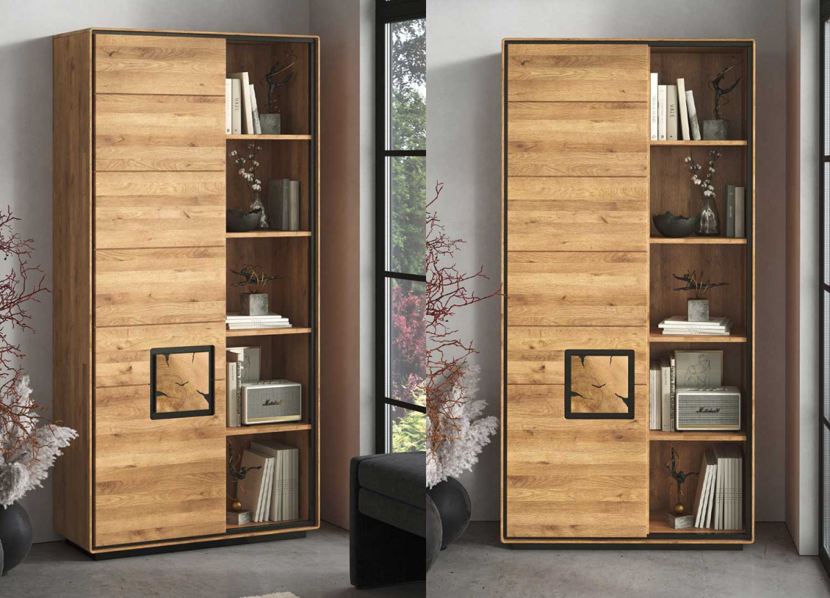 Bibliothèque en chêne massif 203 cm – 5 étagères ouvertes et porte coulissante décor duramen