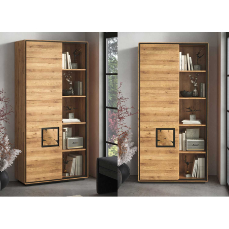 Bibliothèque en chêne massif 203 cm – 5 étagères ouvertes et porte coulissante décor duramen