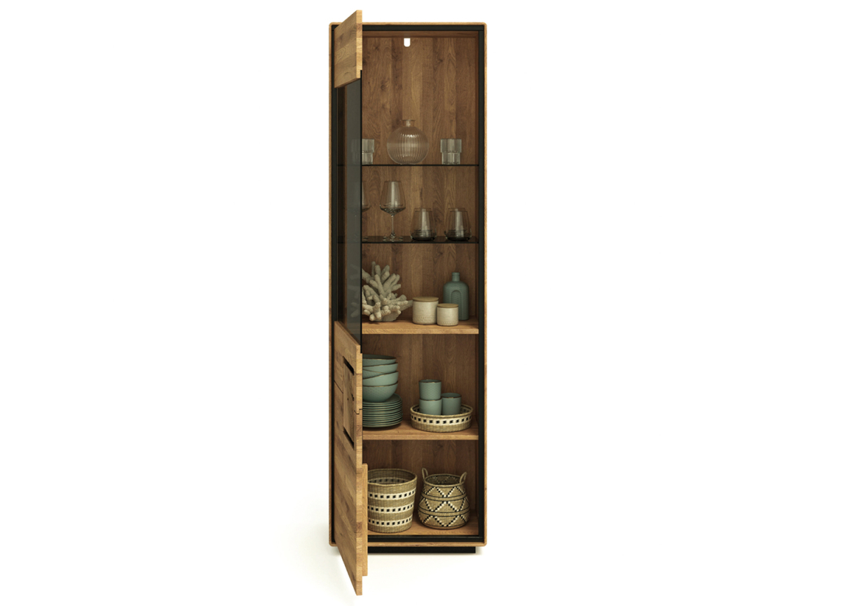 Meuble vitrine bois massif – Verre fumé, 2 étagères en verre, 2 en bois