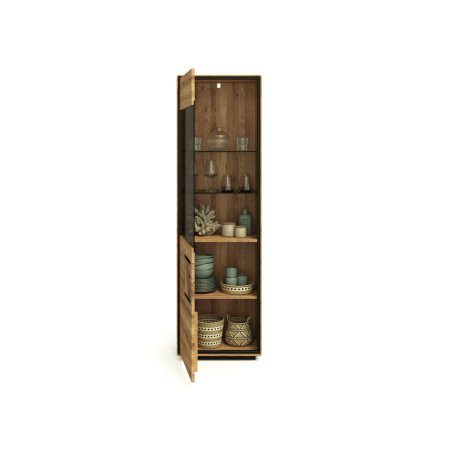 Meuble vitrine bois massif – Verre fumé, 2 étagères en verre, 2 en bois