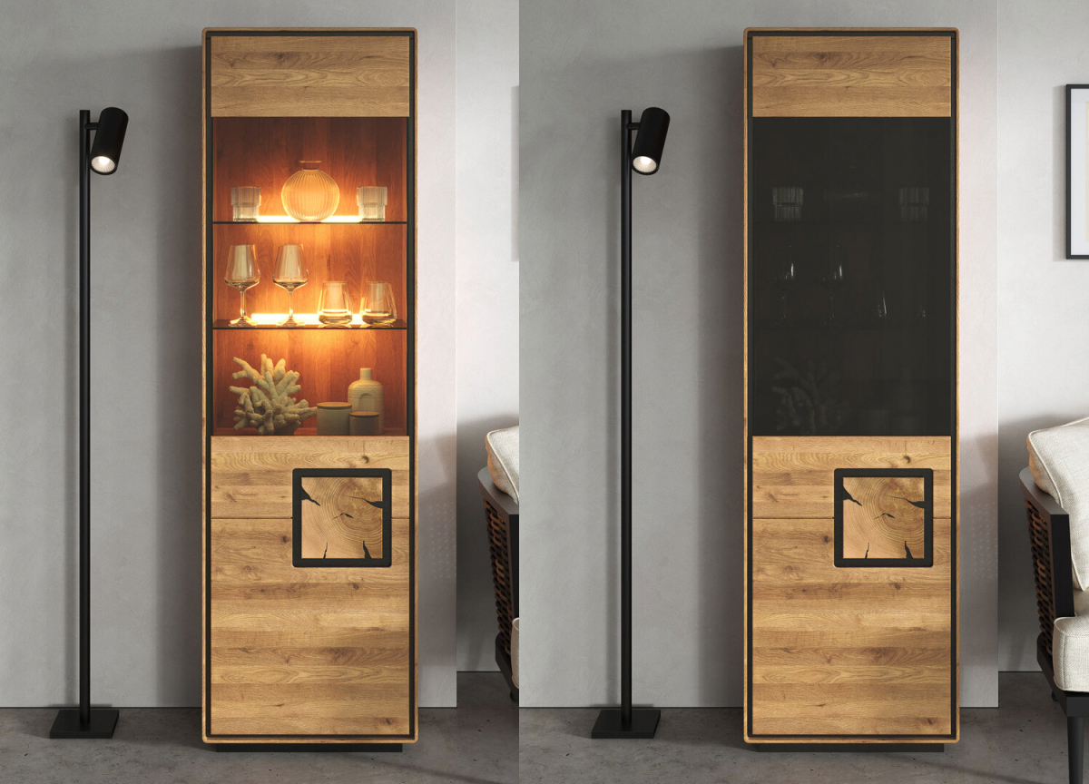 Vitrine en chêne massif avec porte semi-vitrée et éclairage LED