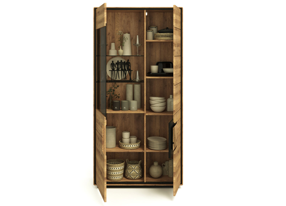 Élégante vitrine bois et verre fumé avec espace de rangement optimisé