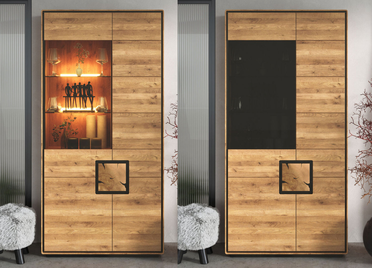Armoire vitrée décorative en chêne naturel avec motif duramen