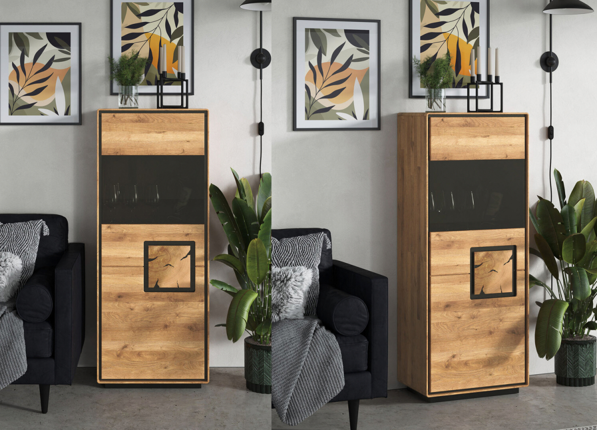 Vitrine 1 porte en chêne massif et verre fumé – Design compact et raffiné