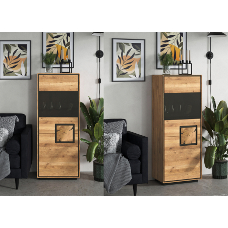 Vitrine 1 porte en chêne massif et verre fumé – Design compact et raffiné