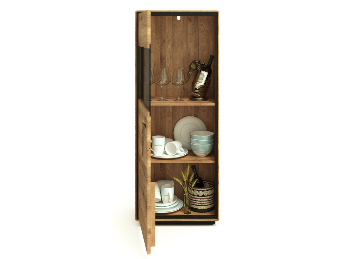 Meuble vitrine en chêne huilé avec façade vitrée fumée – Élégance naturelle