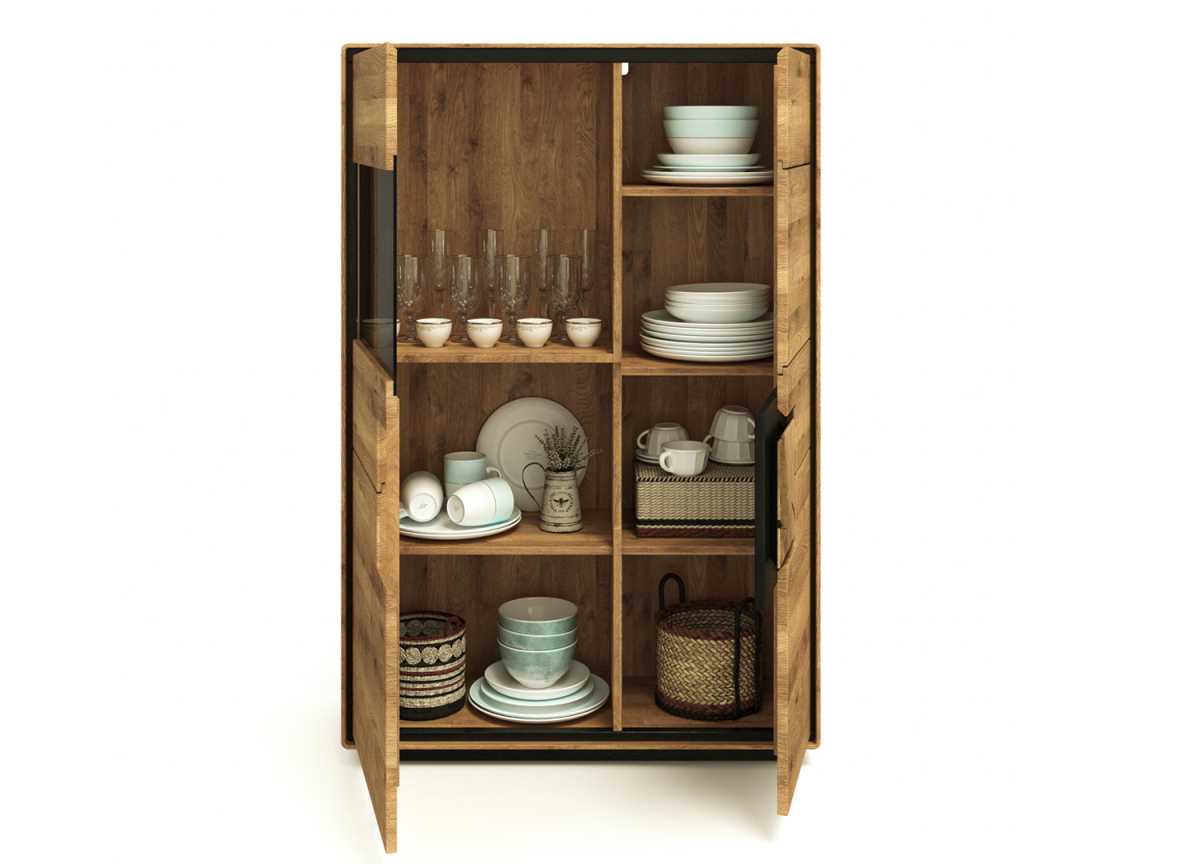 Meuble de rangement moderne en chêne massif et verre teinté
