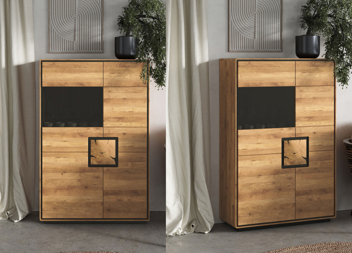 Bahut en chêne massif avec porte vitrée fumée et détails décoratifs en bois brut