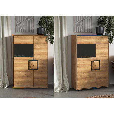 Bahut en chêne massif avec porte vitrée fumée et détails décoratifs en bois brut