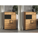 Bahut en chêne massif avec porte vitrée fumée et détails décoratifs en bois brut