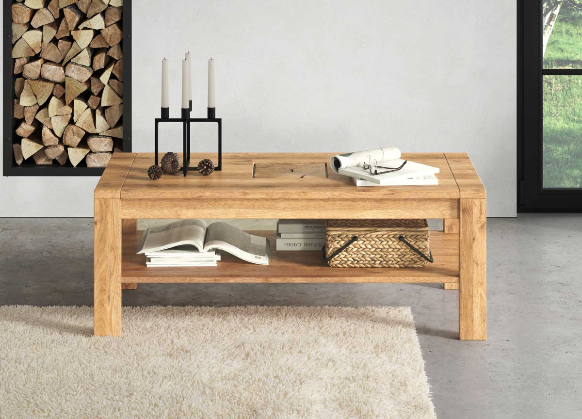 L'élégance du bois brut : table basse rectangulaire 118 cm