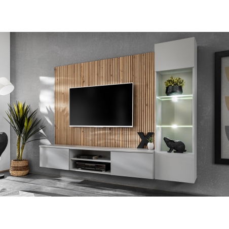 Meuble Télé Suspendu avec Panneau Bois et Vitrine Lumineuse