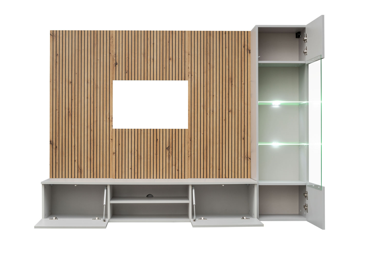 Meuble TV avec Vitrine Éclairée et Panneau Décoratif Bois