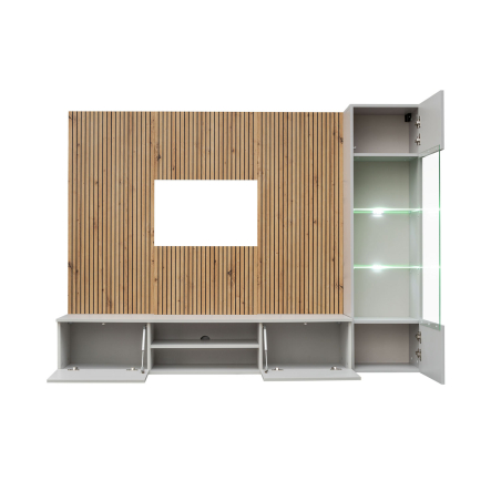 Meuble TV avec Vitrine Éclairée et Panneau Décoratif Bois