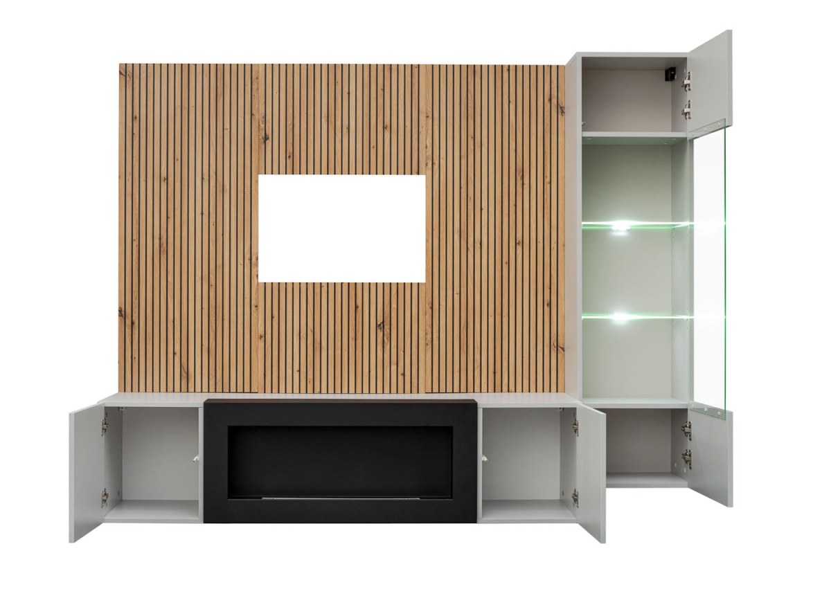 Mur TV avec Effet Bois, Éclairage LED et Cheminée Intégrée pour un Salon Confort