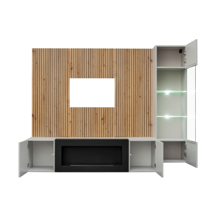 Mur TV avec Effet Bois, Éclairage LED et Cheminée Intégrée pour un Salon Confort