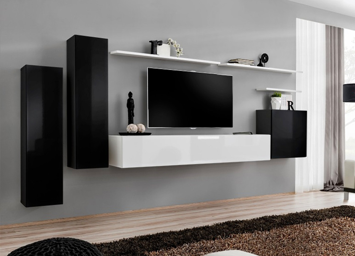 Meuble TV Mural Design Lyra 300cm Noir & Blanc