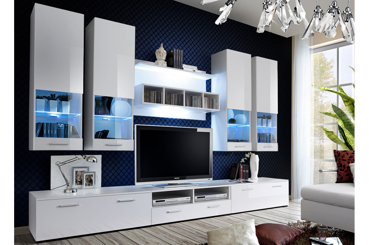 Meuble TV Blanc Laqué Design Led Bleu pour salon
