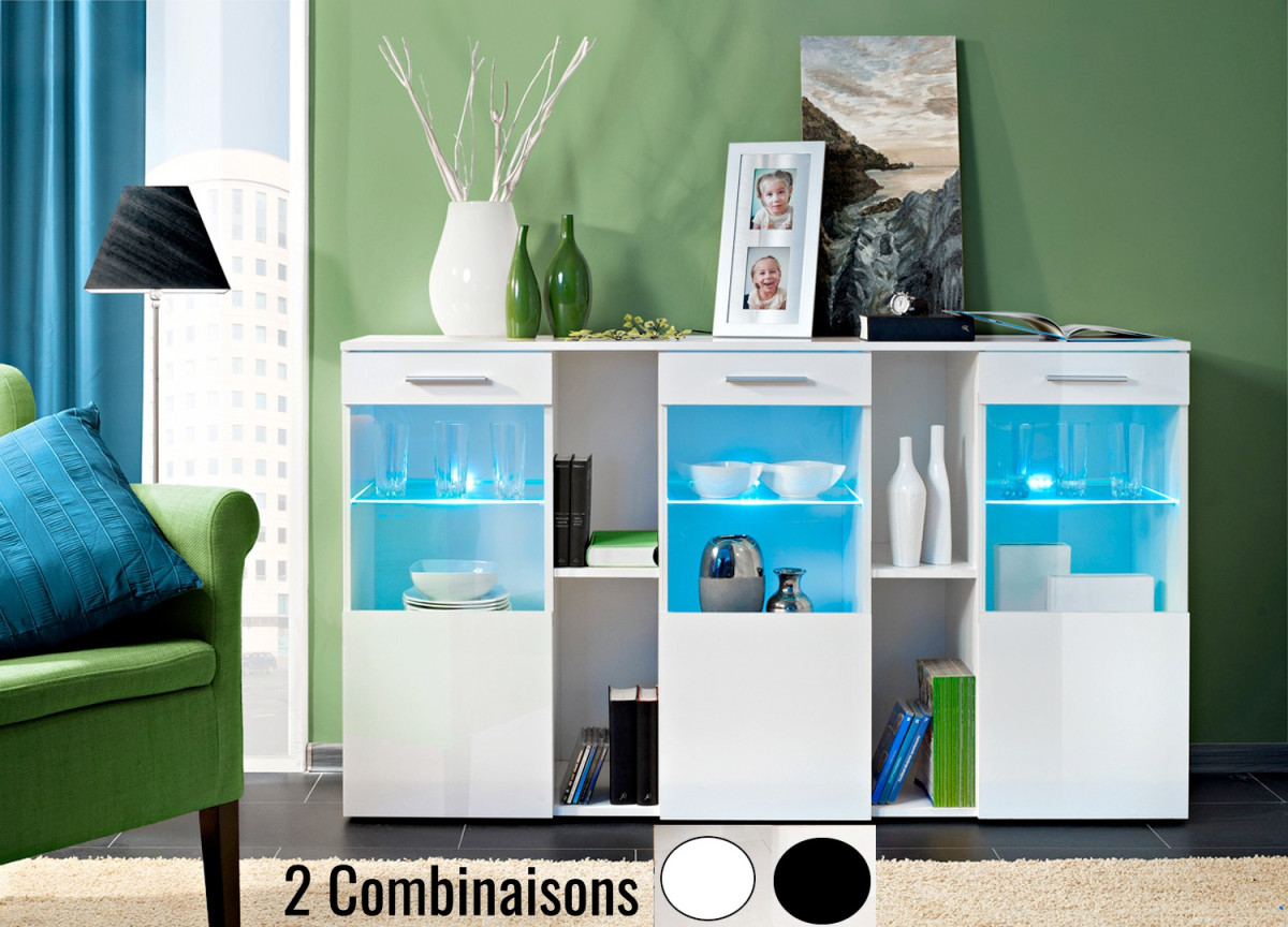 Meuble Buffet Blanc ou Noir Laqué et Vitré à Led