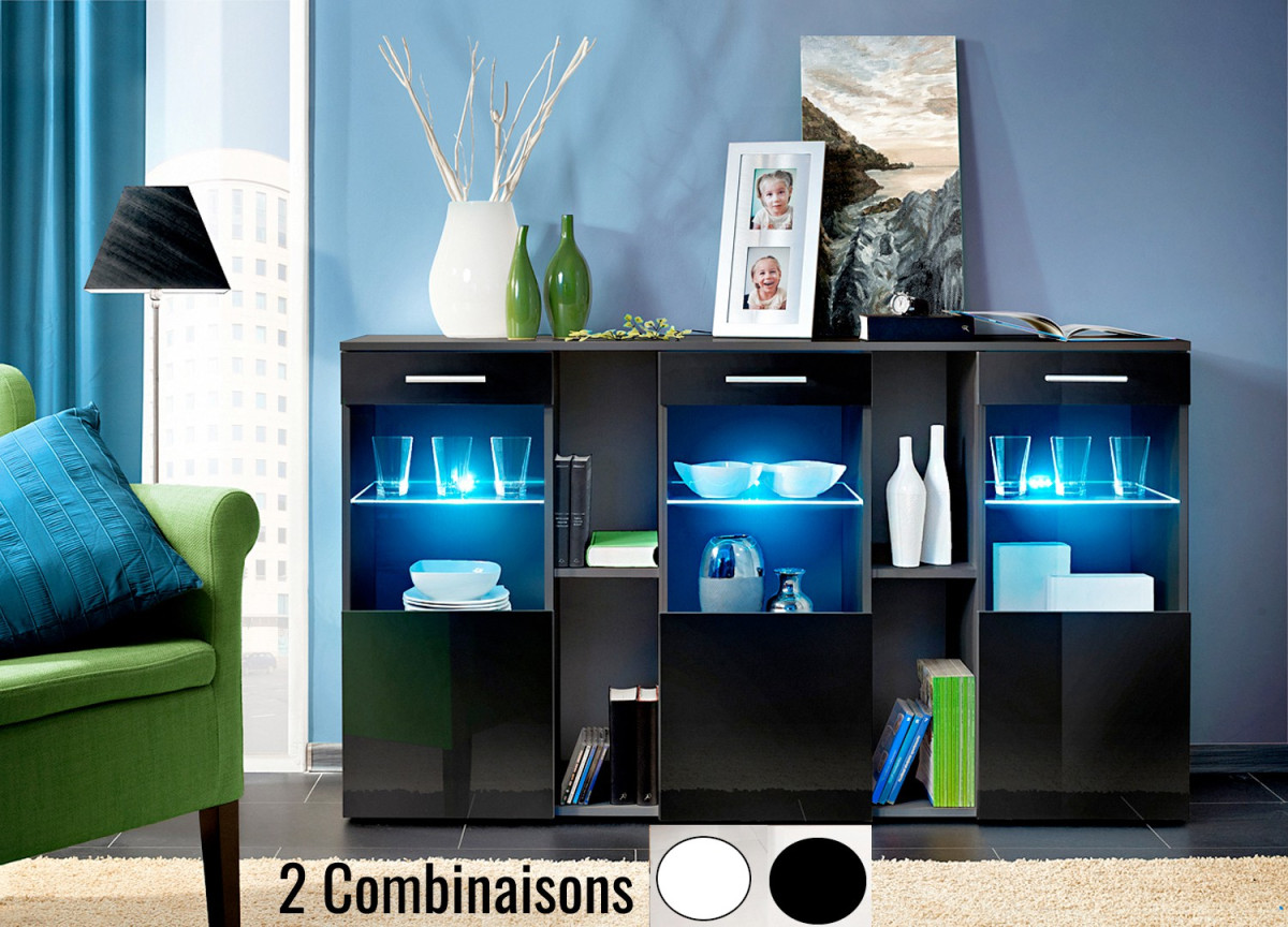 Meuble Buffet Noir ou Blanc Laqué Vitré à Led