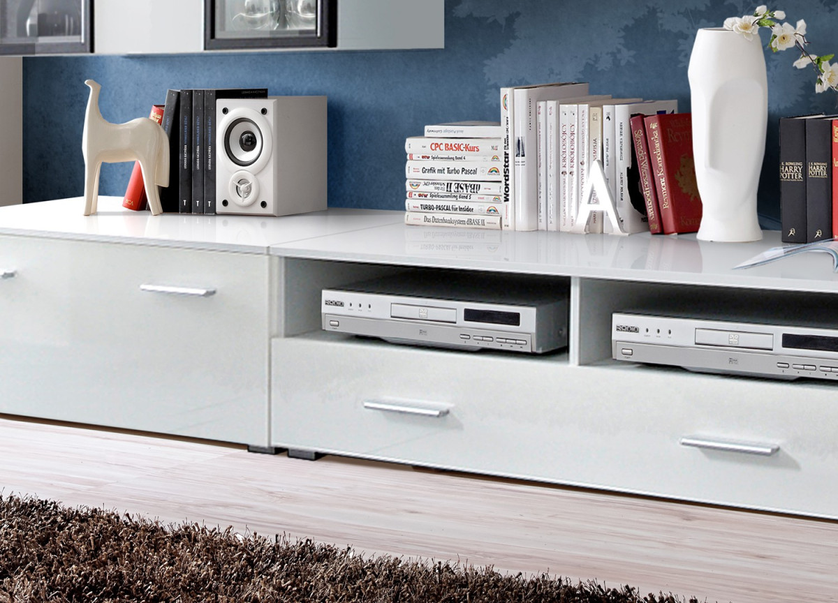 Meuble TV Blanc & Vitrine mural LED