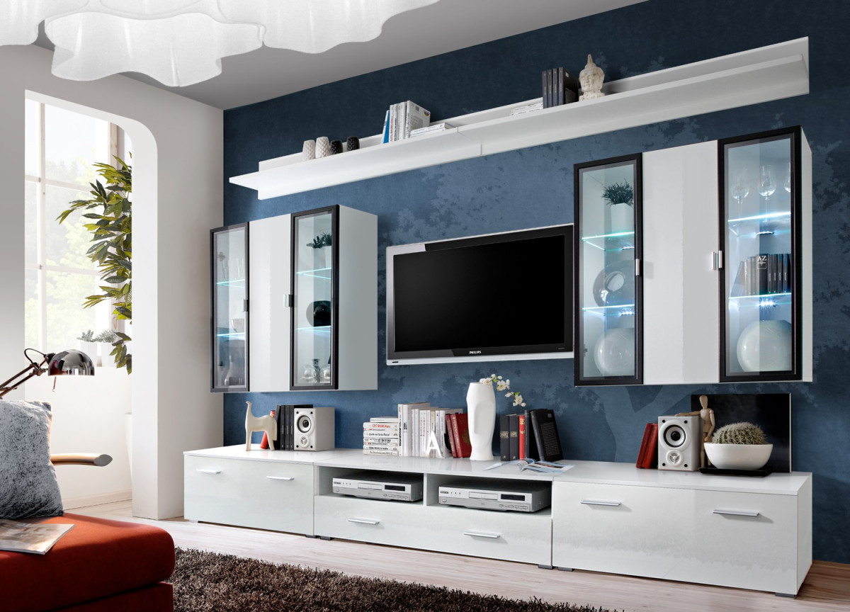 Meuble TV Blanc Laqué Design Led Bleu pour salon