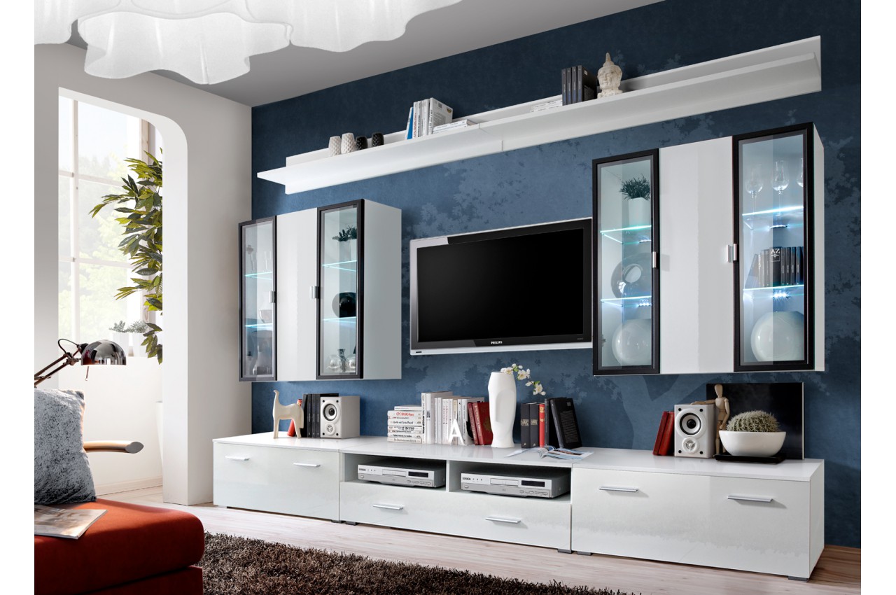 Meuble TV Blanc & Vitrine Murale LED pour salon