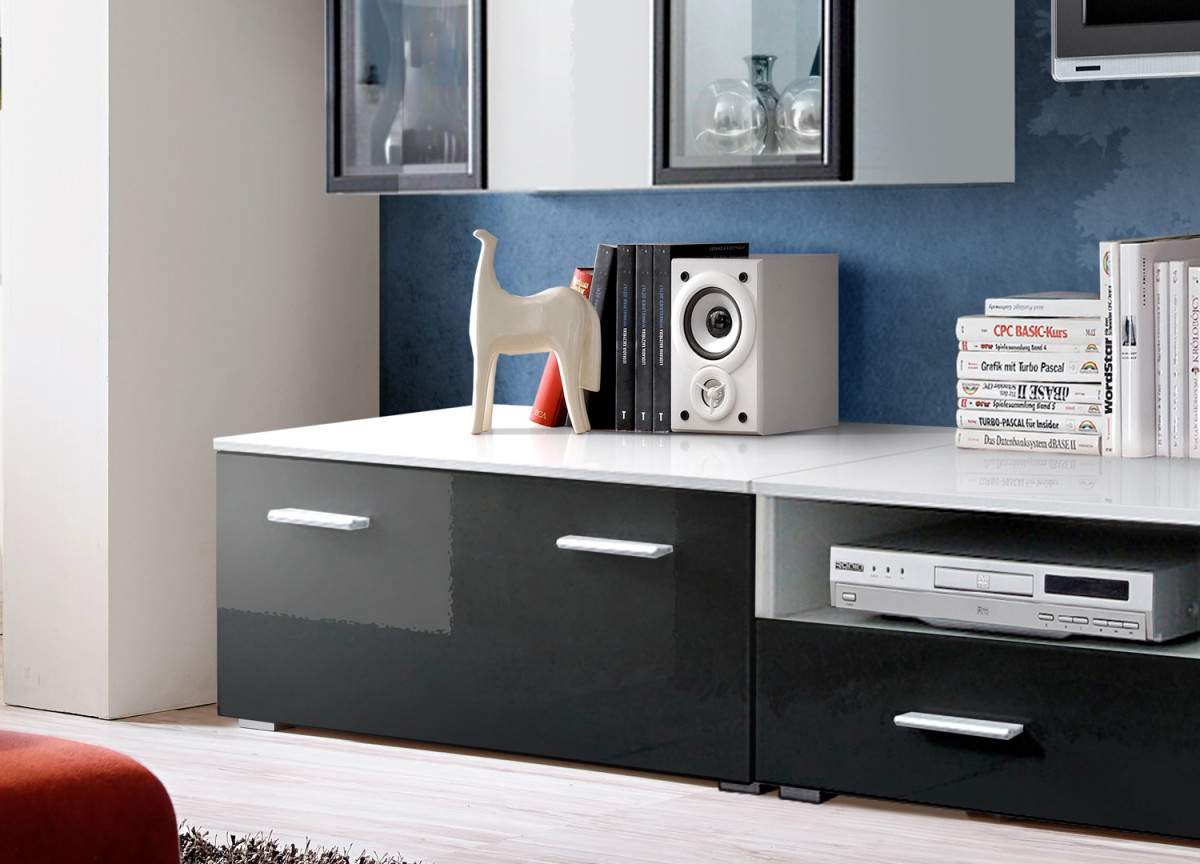 Meuble TV Noir & Vitrine Mural Blanche LED