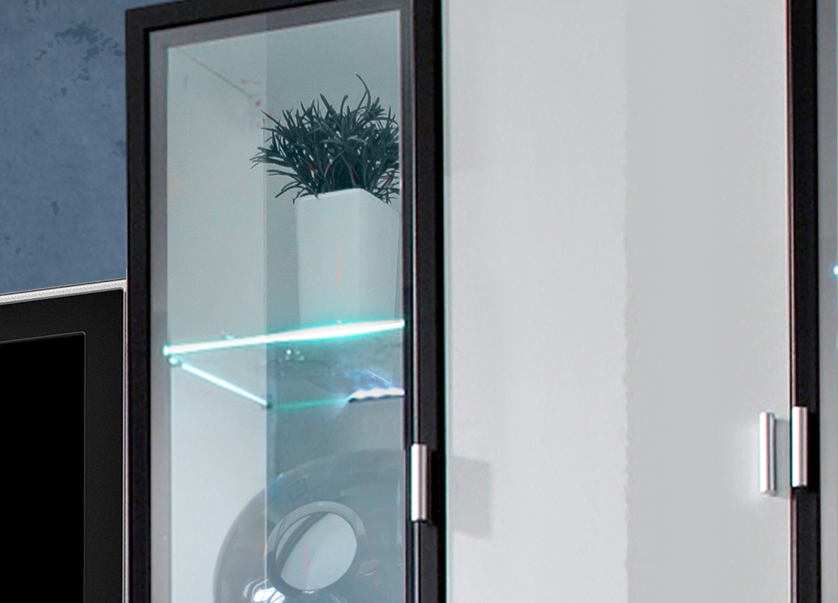 Meuble TV Noir & Vitrine Mural Blanche LED