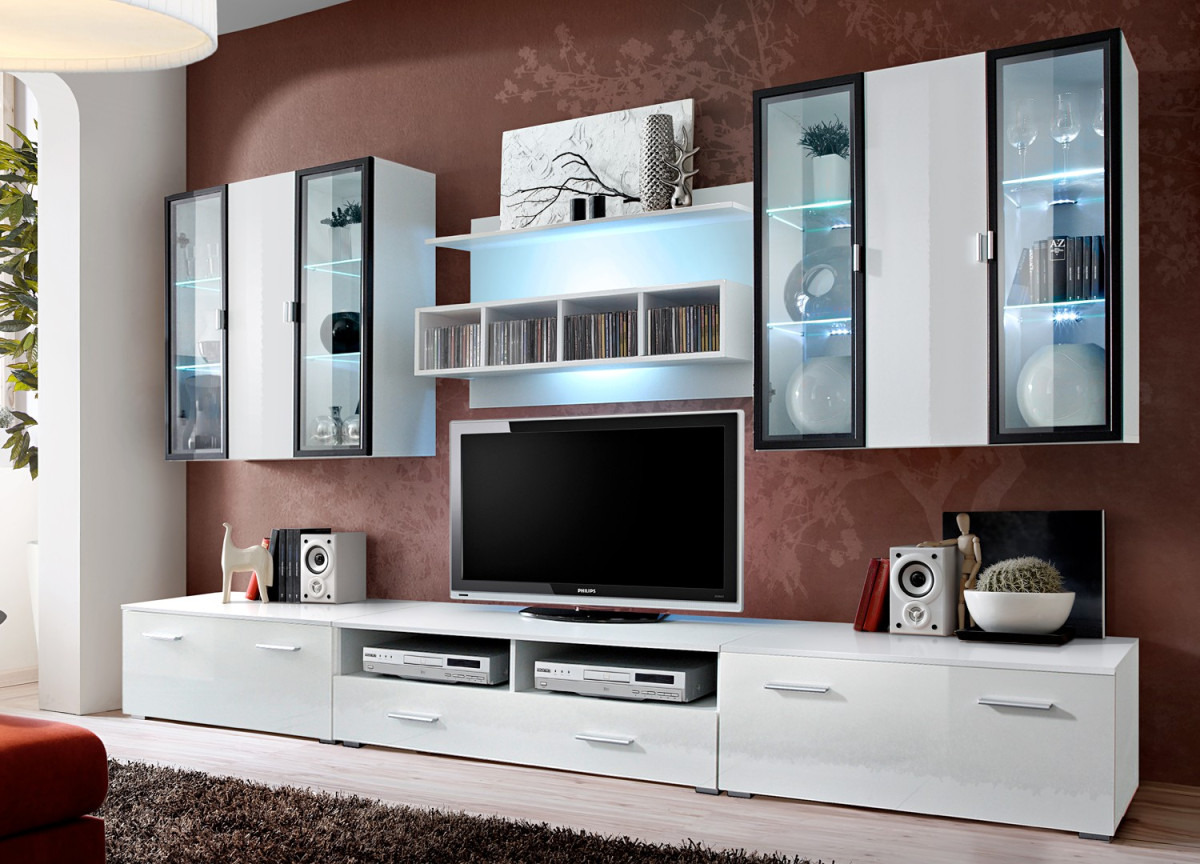 Ensemble TV Mural Design Blanc & LED