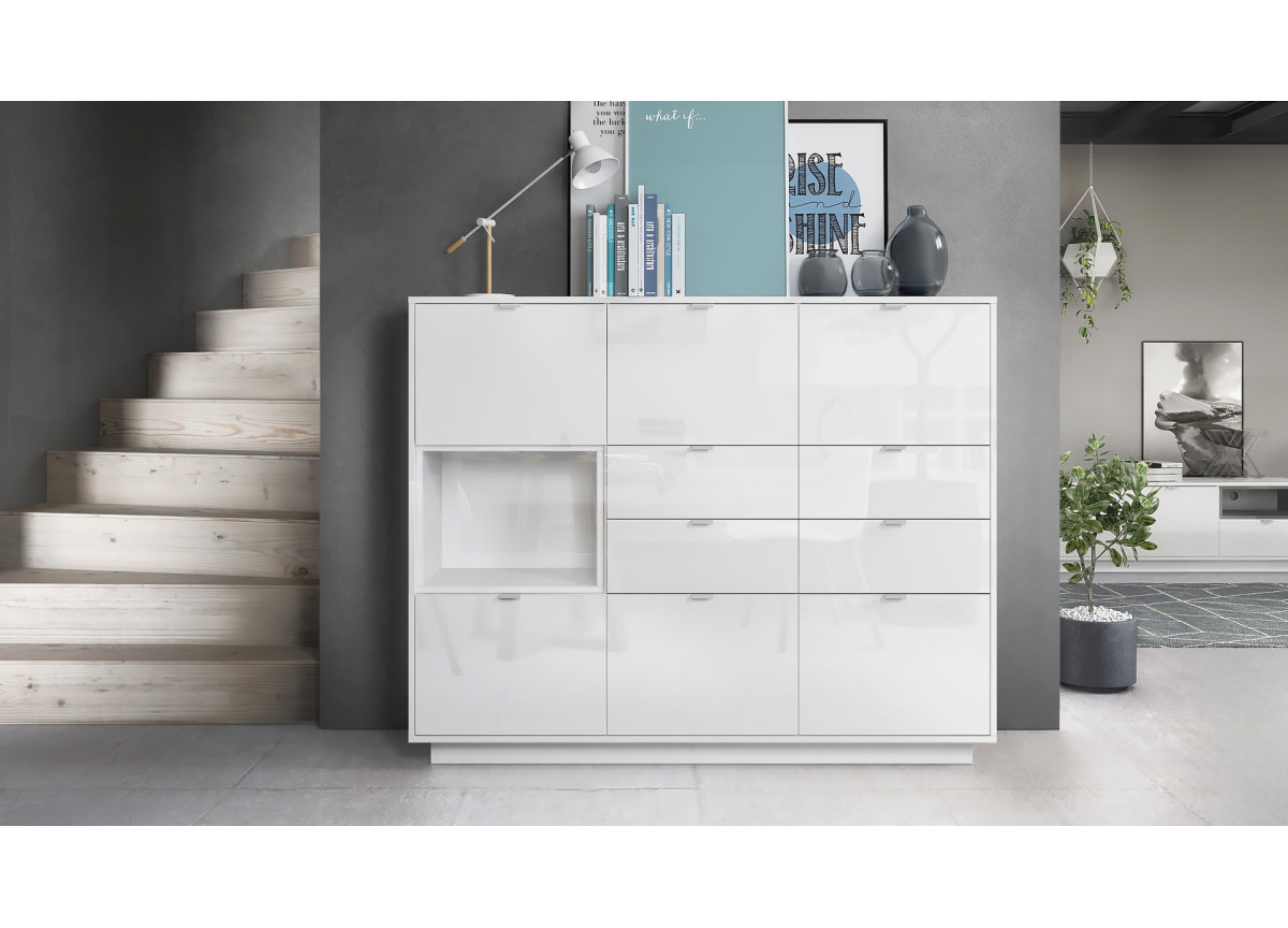 Meuble Buffet Haut Blanc Brillant 6 portes