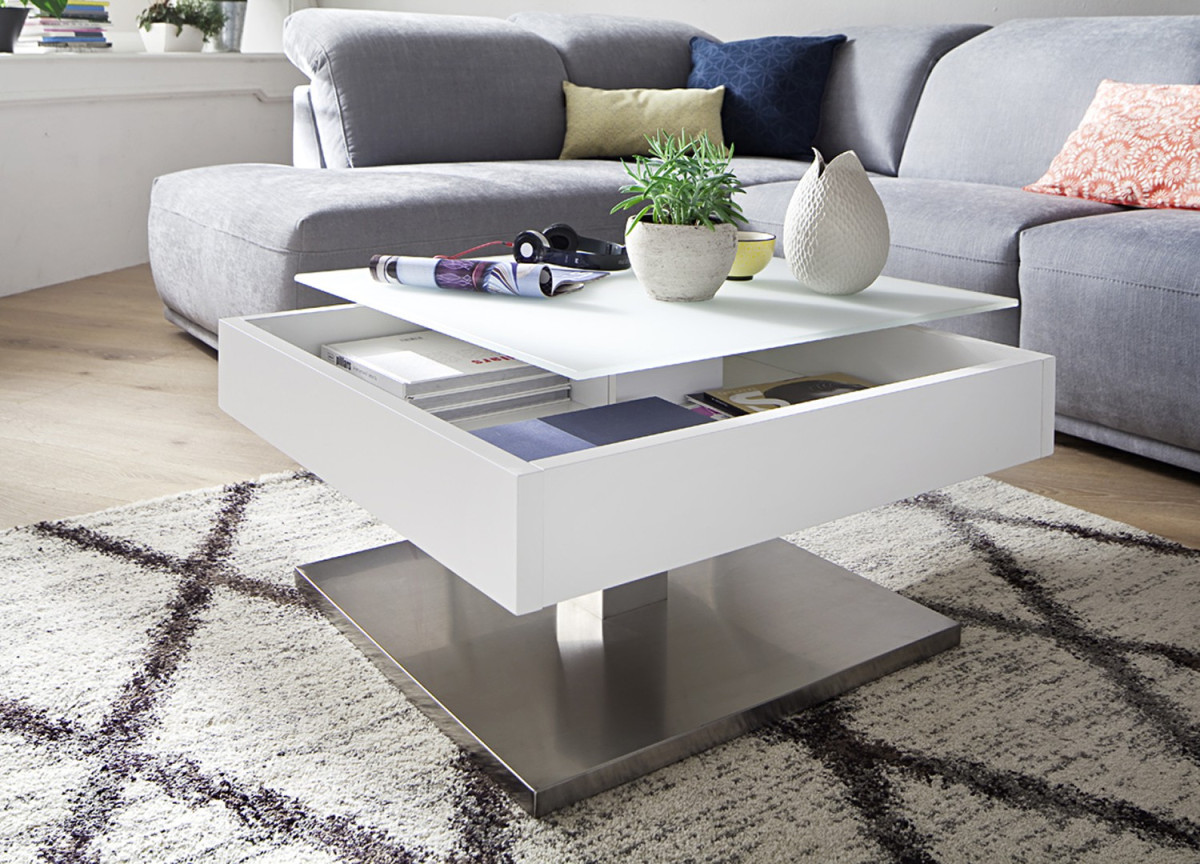 Table Basse Blanche Pied Acier Central & Plateau Rotatif
