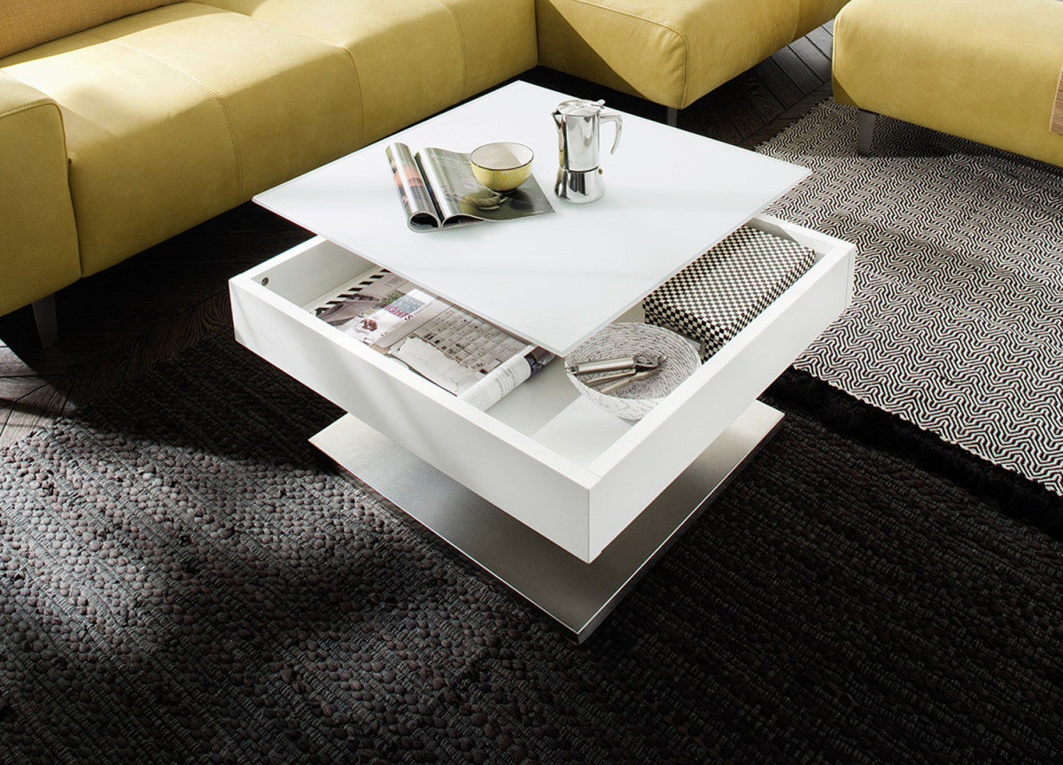 Table Basse Blanche Pied Acier Central & Plateau Rotatif