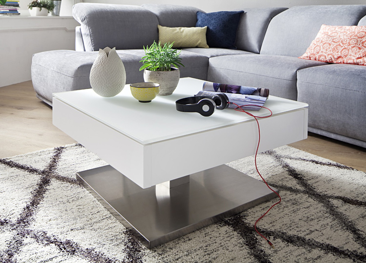 Table Basse Blanche Pied en Acier & Plateau Rotatif