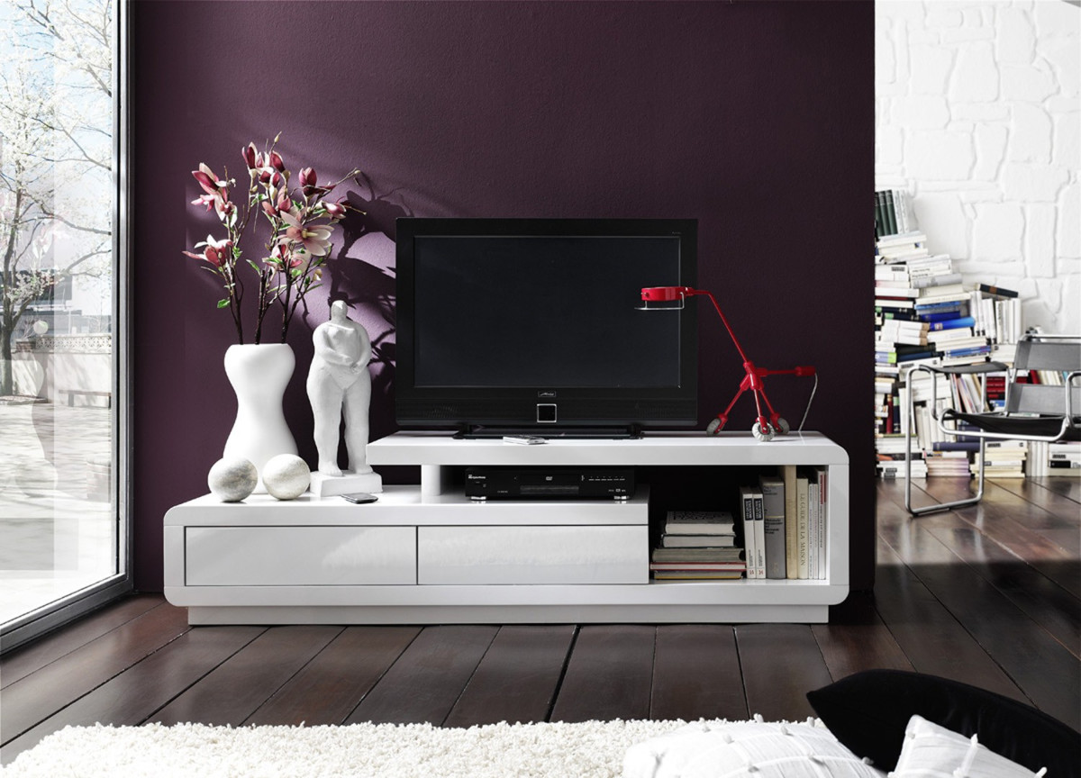 Meuble TV Laqué Design Blanc ou Blanc Gris