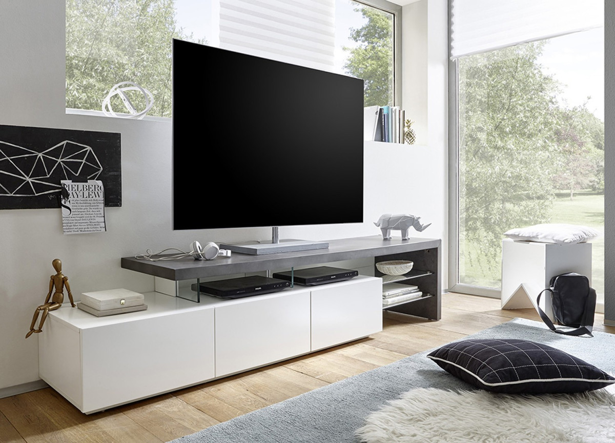 Meuble TV Laqué Design Blanc & Gris Béton