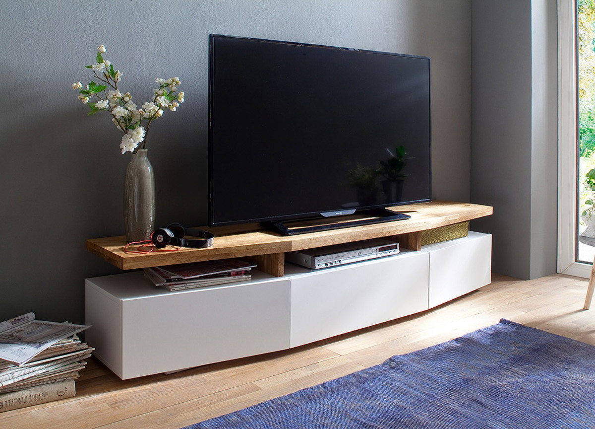 Meuble TV Blanc & Chêne Massif