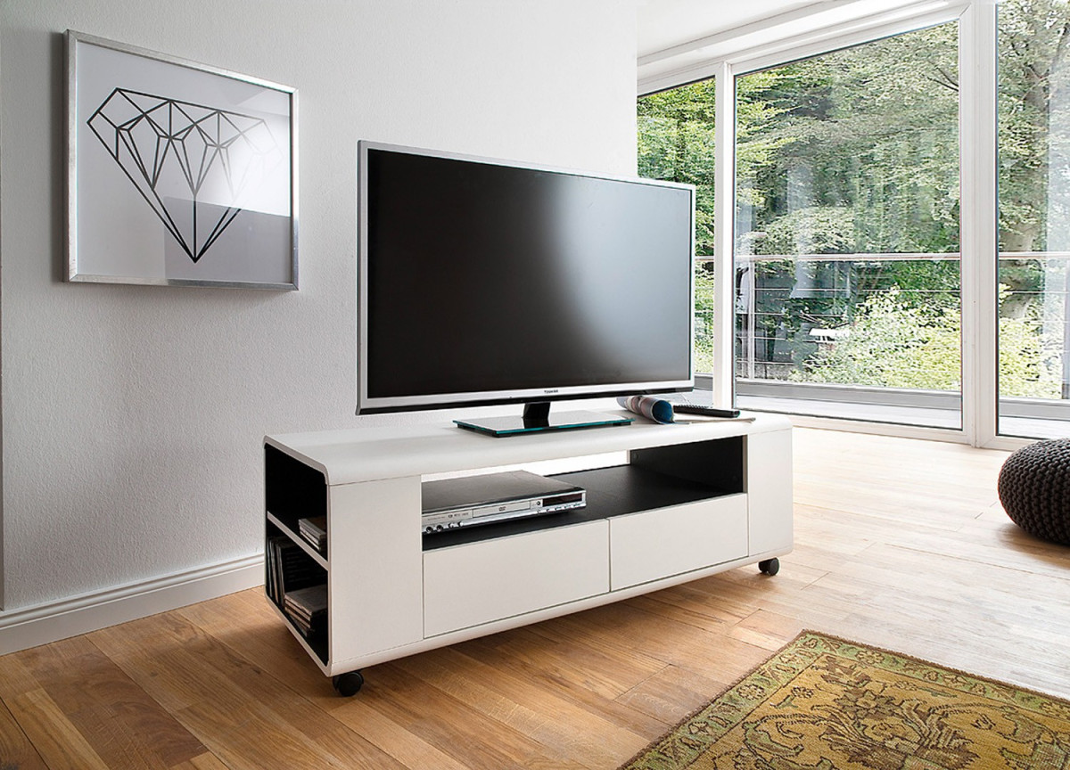 Meuble TV Blanc Design sur Roulettes