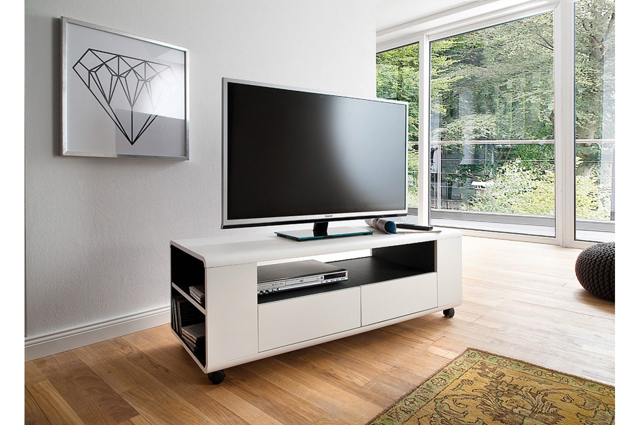 Meuble TV Blanc Design sur Roulettes pour salon
