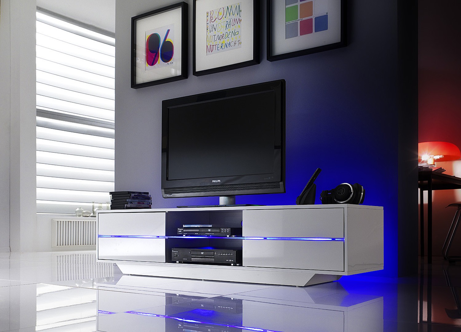 Meuble TV Blanc Laqué Design Led Bleu pour salon