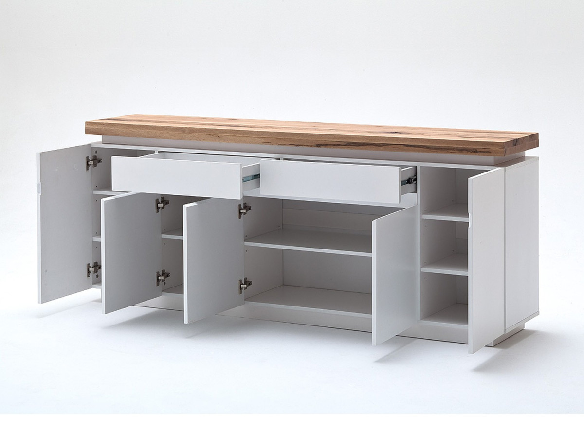 Buffet moderne blanc et bois avec portes et tiroirs
