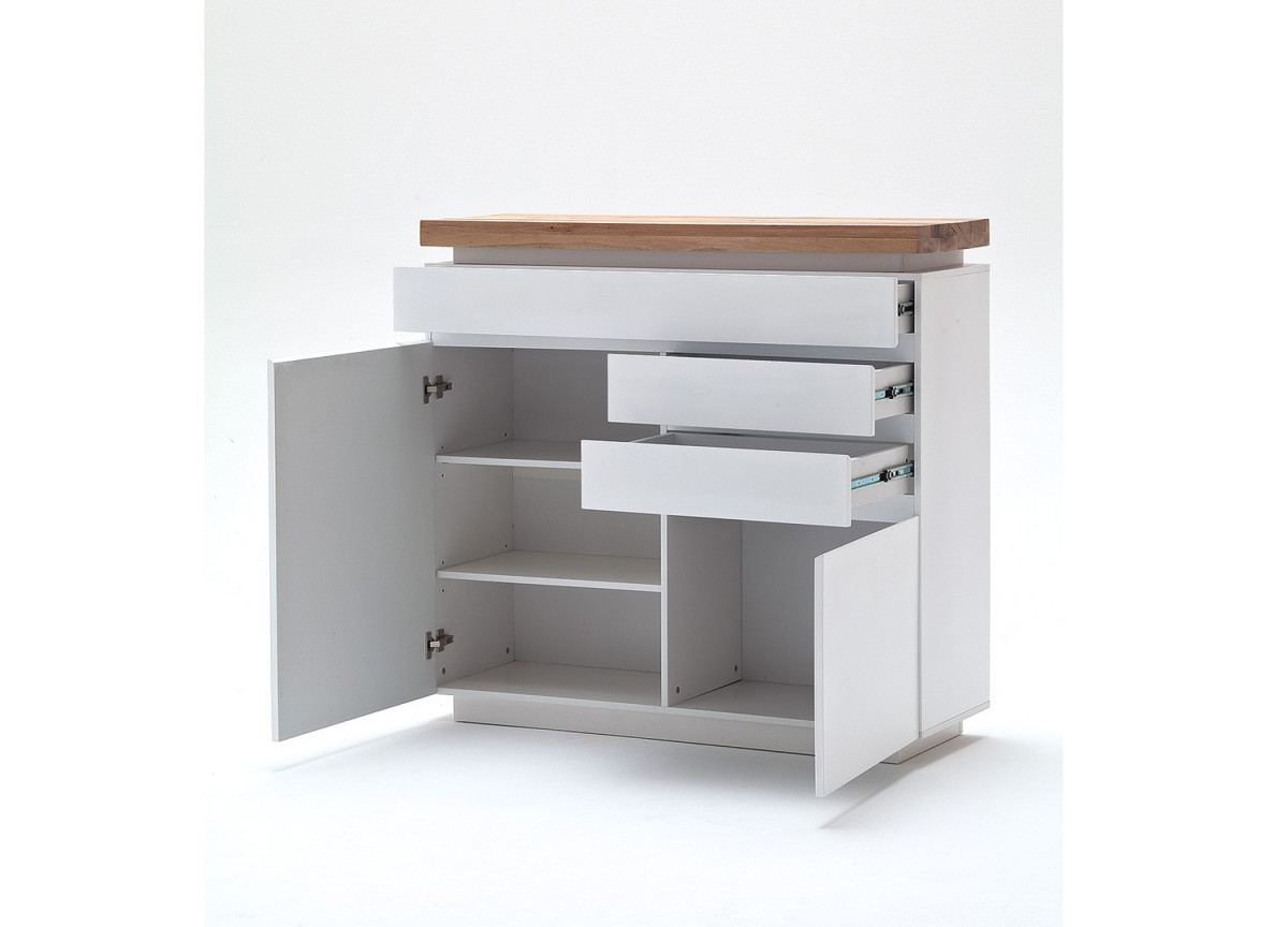 Commode Blanc Laqué Mat & Bois Chêne Massif